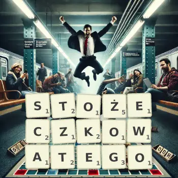 Kreatywna ilustracja do gry w Scrabble ze słowem STOŻECZKOWATEGO ułożonym z płytek na planszy.