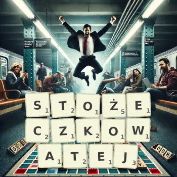 Kreatywna ilustracja do gry w Scrabble ze słowem STOŻECZKOWATEJ ułożonym z płytek na planszy.