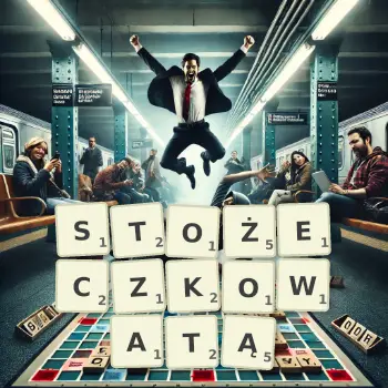 Kreatywna ilustracja do gry w Scrabble ze słowem STOŻECZKOWATĄ ułożonym z płytek na planszy.