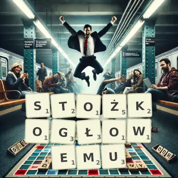 Kreatywna ilustracja do gry w Scrabble ze słowem STOŻKOGŁOWEMU ułożonym z płytek na planszy.