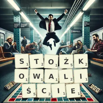 Kreatywna ilustracja do gry w Scrabble ze słowem STOŻKOWALIŚCIE ułożonym z płytek na planszy.