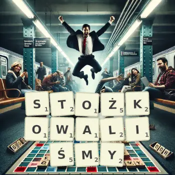Kreatywna ilustracja do gry w Scrabble ze słowem STOŻKOWALIŚMY ułożonym z płytek na planszy.