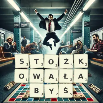 Kreatywna ilustracja do gry w Scrabble ze słowem STOŻKOWAŁABYŚ ułożonym z płytek na planszy.