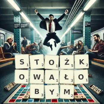 Kreatywna ilustracja do gry w Scrabble ze słowem STOŻKOWAŁOBYM ułożonym z płytek na planszy.