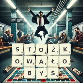 Kreatywna ilustracja do gry w Scrabble ze słowem STOŻKOWAŁOBYŚ ułożonym z płytek na planszy.