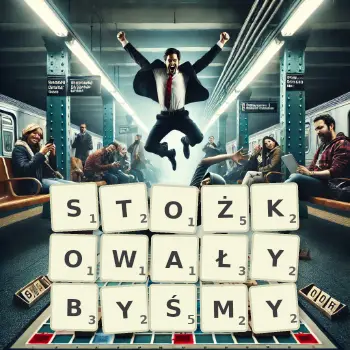 Kreatywna ilustracja do gry w Scrabble ze słowem STOŻKOWAŁYBYŚMY ułożonym z płytek na planszy.