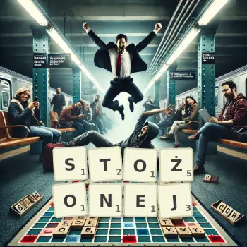 Kreatywna ilustracja do gry w Scrabble ze słowem STOŻONEJ ułożonym z płytek na planszy.