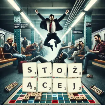 Kreatywna ilustracja do gry w Scrabble ze słowem STOŻĄCEJ ułożonym z płytek na planszy.