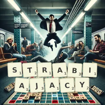 Kreatywna ilustracja do gry w Scrabble ze słowem STRABIAJACY ułożonym z płytek na planszy.