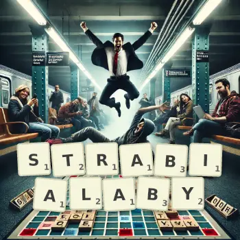 Kreatywna ilustracja do gry w Scrabble ze słowem STRABIALABY ułożonym z płytek na planszy.