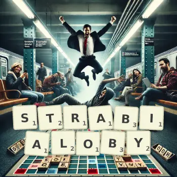 Kreatywna ilustracja do gry w Scrabble ze słowem STRABIALOBY ułożonym z płytek na planszy.