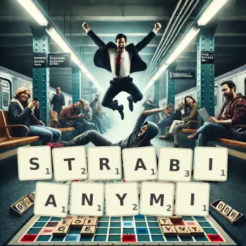 Kreatywna ilustracja do gry w Scrabble ze słowem STRABIANYMI ułożonym z płytek na planszy.