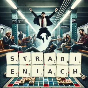 Kreatywna ilustracja do gry w Scrabble ze słowem STRABIENIACH ułożonym z płytek na planszy.