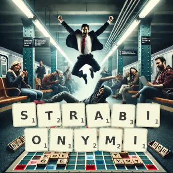 Kreatywna ilustracja do gry w Scrabble ze słowem STRABIONYMI ułożonym z płytek na planszy.