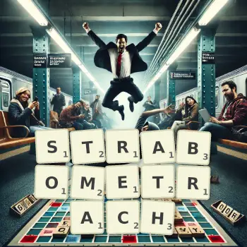 Kreatywna ilustracja do gry w Scrabble ze słowem STRABOMETRACH ułożonym z płytek na planszy.