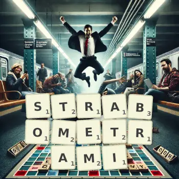 Kreatywna ilustracja do gry w Scrabble ze słowem STRABOMETRAMI ułożonym z płytek na planszy.