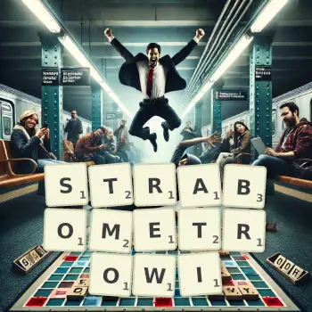 Kreatywna ilustracja do gry w Scrabble ze słowem STRABOMETROWI ułożonym z płytek na planszy.