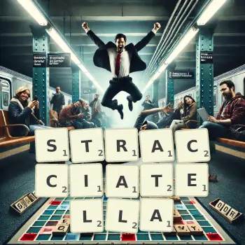 Kreatywna ilustracja do gry w Scrabble ze słowem STRACCIATELLA ułożonym z płytek na planszy.