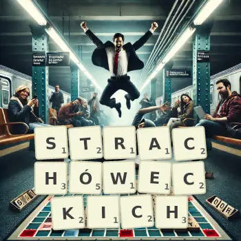 Kreatywna ilustracja do gry w Scrabble ze słowem STRACHÓWECKICH ułożonym z płytek na planszy.