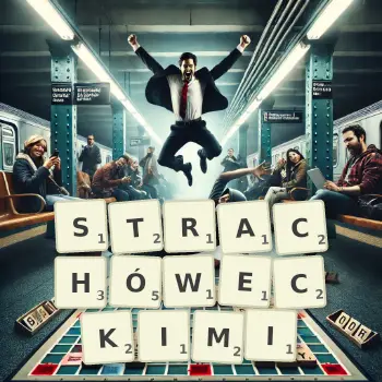 Kreatywna ilustracja do gry w Scrabble ze słowem STRACHÓWECKIMI ułożonym z płytek na planszy.