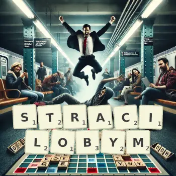 Kreatywna ilustracja do gry w Scrabble ze słowem STRACILOBYM ułożonym z płytek na planszy.