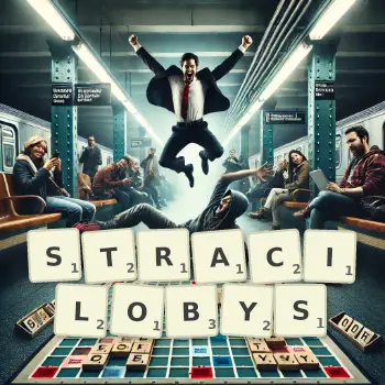 Kreatywna ilustracja do gry w Scrabble ze słowem STRACILOBYS ułożonym z płytek na planszy.