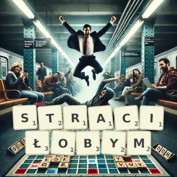 Kreatywna ilustracja do gry w Scrabble ze słowem STRACIŁOBYM ułożonym z płytek na planszy.