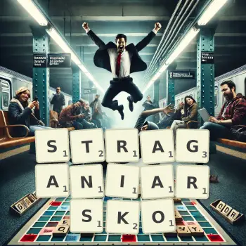 Kreatywna ilustracja do gry w Scrabble ze słowem STRAGANIARSKO ułożonym z płytek na planszy.