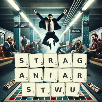 Kreatywna ilustracja do gry w Scrabble ze słowem STRAGANIARSTWU ułożonym z płytek na planszy.