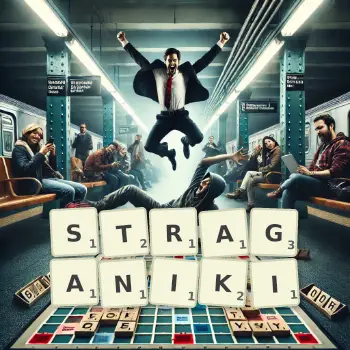 Kreatywna ilustracja do gry w Scrabble ze słowem STRAGANIKI ułożonym z płytek na planszy.