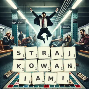 Kreatywna ilustracja do gry w Scrabble ze słowem STRAJKOWANIAMI ułożonym z płytek na planszy.