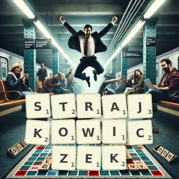 Kreatywna ilustracja do gry w Scrabble ze słowem STRAJKOWICZEK ułożonym z płytek na planszy.