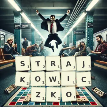 Kreatywna ilustracja do gry w Scrabble ze słowem STRAJKOWICZKO ułożonym z płytek na planszy.