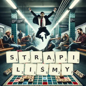 Kreatywna ilustracja do gry w Scrabble ze słowem STRAPILIŚMY ułożonym z płytek na planszy.
