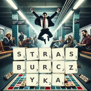 Kreatywna ilustracja do gry w Scrabble ze słowem STRASBURCZYKA ułożonym z płytek na planszy.