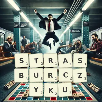 Kreatywna ilustracja do gry w Scrabble ze słowem STRASBURCZYKU ułożonym z płytek na planszy.
