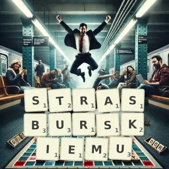 Kreatywna ilustracja do gry w Scrabble ze słowem STRASBURSKIEMU ułożonym z płytek na planszy.