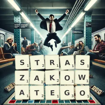 Kreatywna ilustracja do gry w Scrabble ze słowem STRASZAKOWATEGO ułożonym z płytek na planszy.