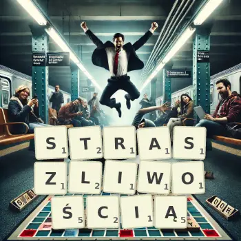 Kreatywna ilustracja do gry w Scrabble ze słowem STRASZLIWOŚCIĄ ułożonym z płytek na planszy.