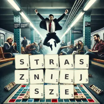 Kreatywna ilustracja do gry w Scrabble ze słowem STRASZNIEJSZE ułożonym z płytek na planszy.