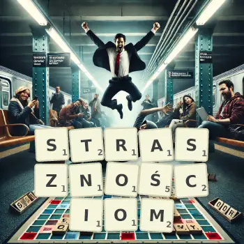 Kreatywna ilustracja do gry w Scrabble ze słowem STRASZNOŚCIOM ułożonym z płytek na planszy.