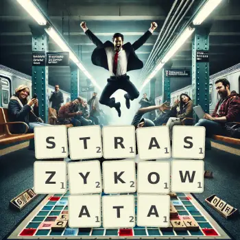 Kreatywna ilustracja do gry w Scrabble ze słowem STRASZYKOWATA ułożonym z płytek na planszy.