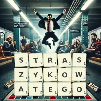 Kreatywna ilustracja do gry w Scrabble ze słowem STRASZYKOWATEGO ułożonym z płytek na planszy.