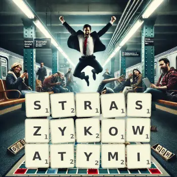 Kreatywna ilustracja do gry w Scrabble ze słowem STRASZYKOWATYMI ułożonym z płytek na planszy.