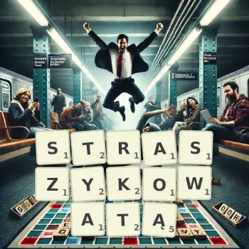 Kreatywna ilustracja do gry w Scrabble ze słowem STRASZYKOWATĄ ułożonym z płytek na planszy.