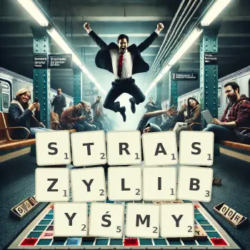 Kreatywna ilustracja do gry w Scrabble ze słowem STRASZYLIBYŚMY ułożonym z płytek na planszy.