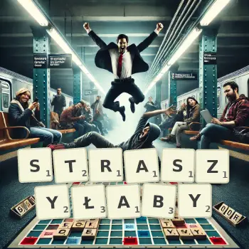 Kreatywna ilustracja do gry w Scrabble ze słowem STRASZYŁABY ułożonym z płytek na planszy.