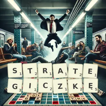 Kreatywna ilustracja do gry w Scrabble ze słowem STRATEGICZKĘ ułożonym z płytek na planszy.