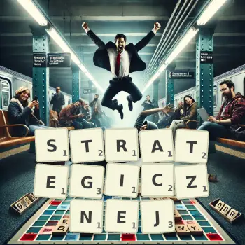 Kreatywna ilustracja do gry w Scrabble ze słowem STRATEGICZNEJ ułożonym z płytek na planszy.