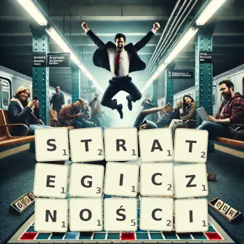 Kreatywna ilustracja do gry w Scrabble ze słowem STRATEGICZNOŚCI ułożonym z płytek na planszy.